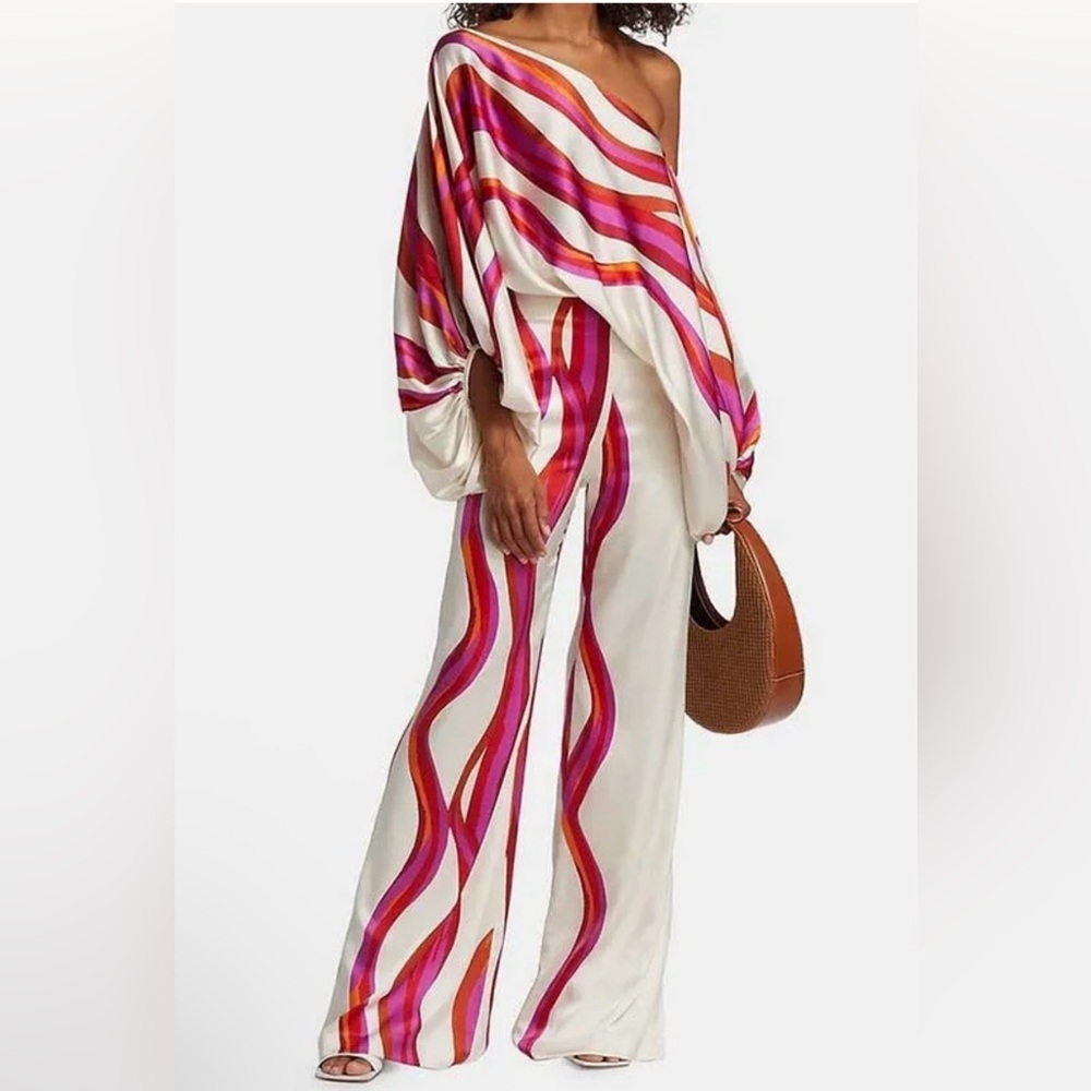 STYLEWE Cream Wide-Leg Pants with Pink & Red Wave Stripes
